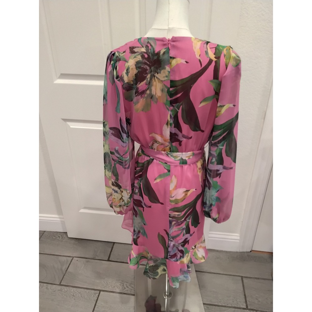 Alex Marie Pink Floral Wrap V-Neck Ruffle Hem Long Sleeve Dress Size 4 NEW - Picture 6 of 11